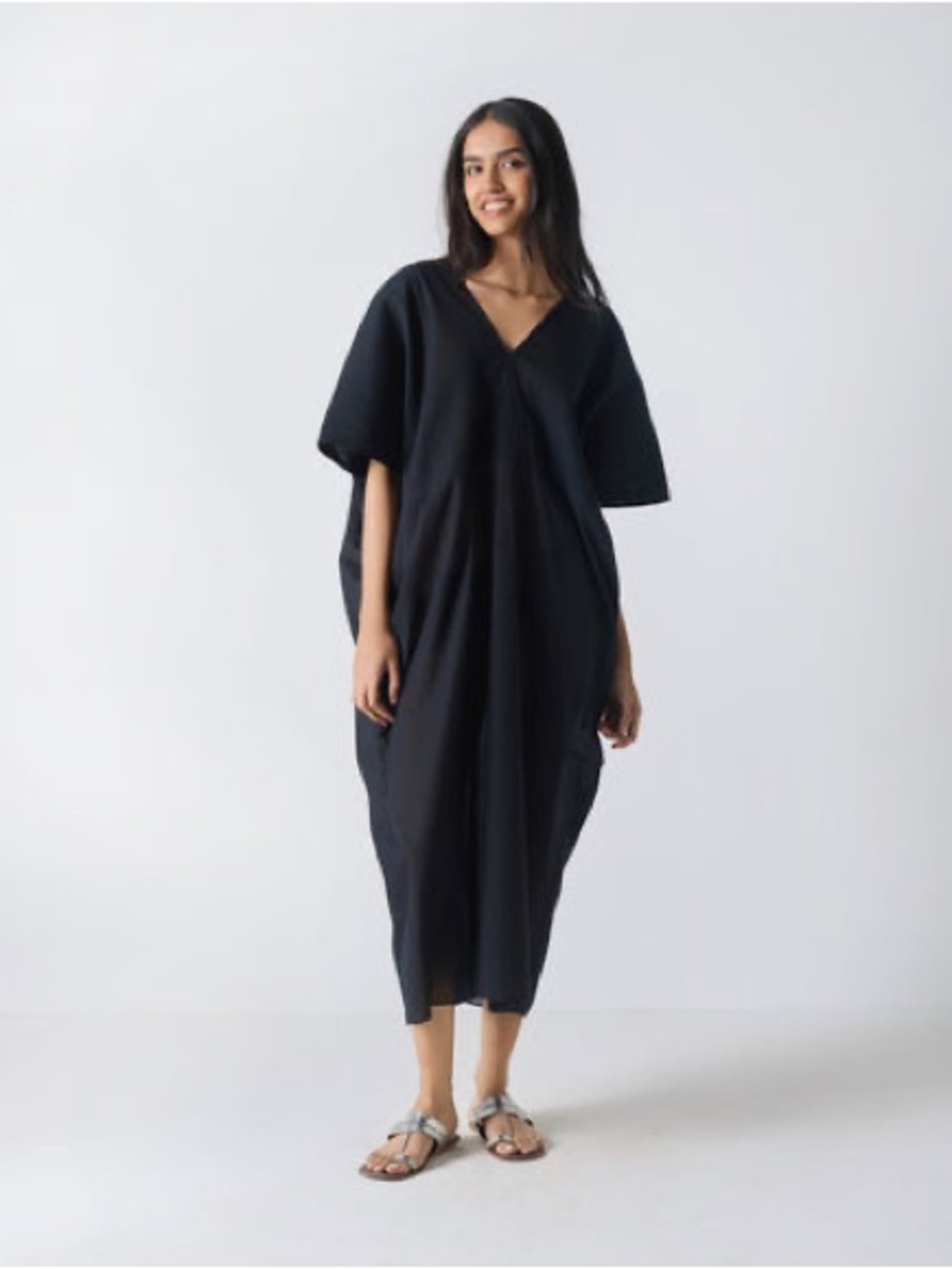 Nicobar Black Sarai Kaftan Dress Minimalist Pleated V-Neck Resort Maxi OS India